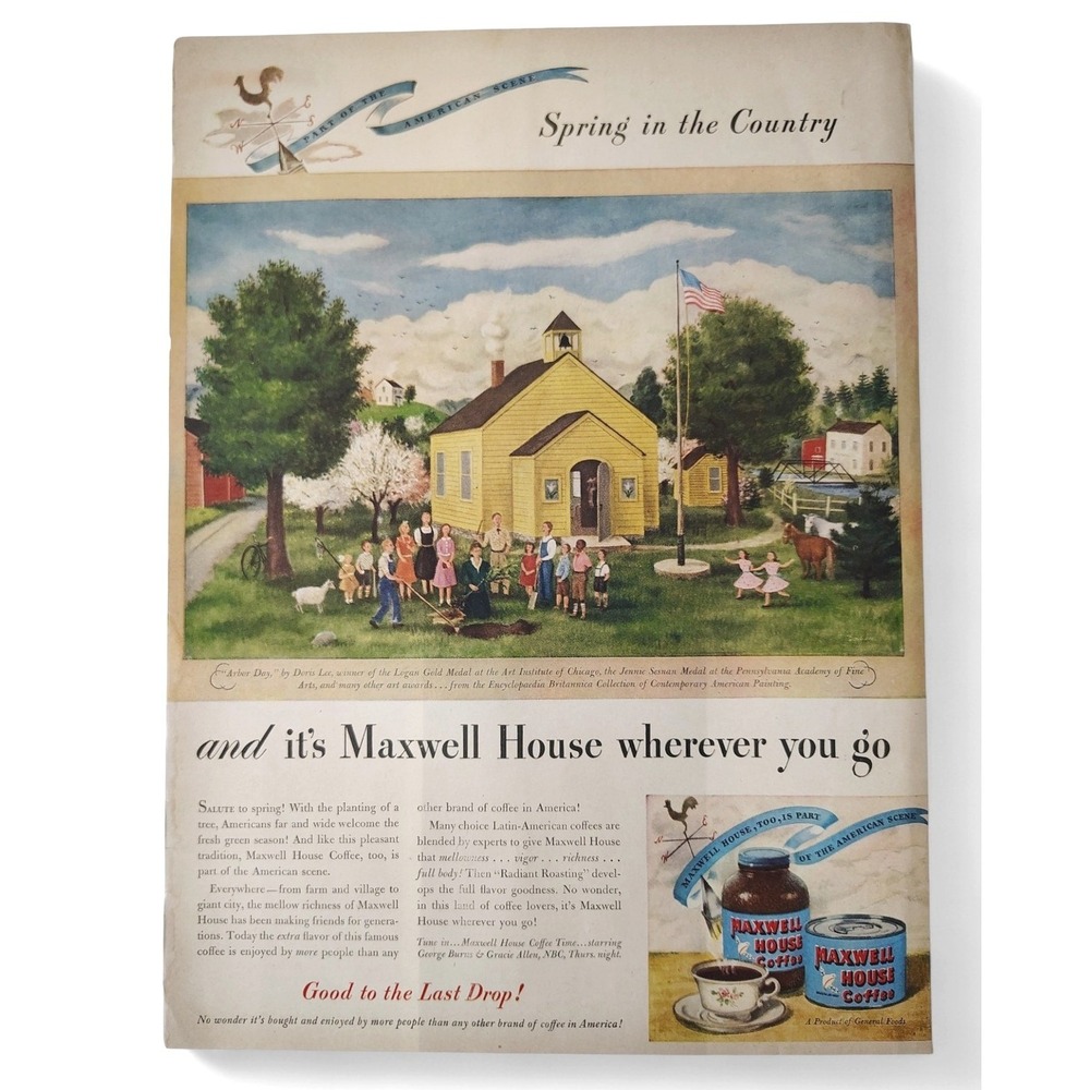 1946 Maxwell House Coffee Print Ad Yellow Schoolhouse Americana Ephemera